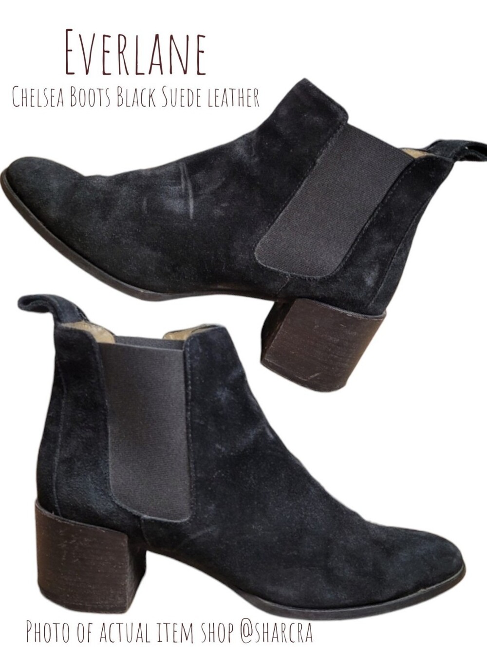 Everlane Women Chelsea Boots Black Suede leather Pull On block heeled Shoes 8.5